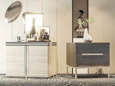 Modern Bedside Tables Interior With Light And Dark Wooden Finish Table Lamp Vase Plant Mirror 3d model