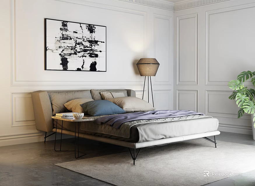 Modern Double Bed with Pillows Side Table Floor Lamp and Abstract Painting on White Paneled Walls 3d model 