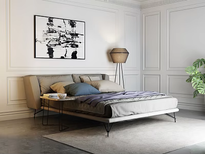 Modern Double Bed with Pillows Side Table Floor Lamp and Abstract Painting on White Paneled Walls 3d model