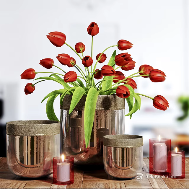 Red Tulips in Metallic Vase with Green Leaves and Metallic Canisters and Candles 3d model 