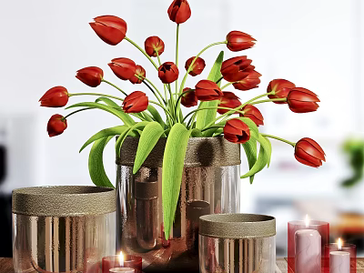 Red Tulips in Metallic Vase with Green Leaves and Metallic Canisters and Candles 3d model