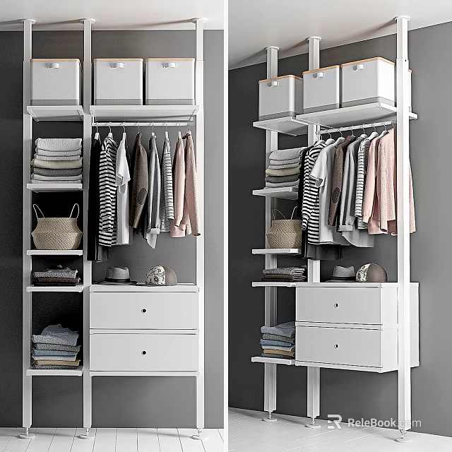 Neatly Arranged Clothes in White Wardrobe with Hanging Folded Sections Baskets Drawers and Shoes 3d model 
