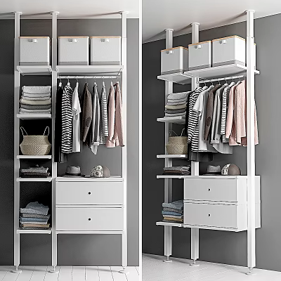 Neatly Arranged Clothes in White Wardrobe with Hanging Folded Sections Baskets Drawers and Shoes 3d model