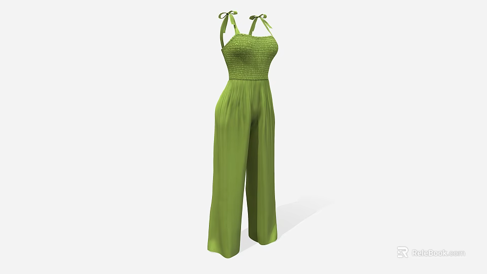 Stylish Green Jumpsuit With Bow Straps Smocked Waist And Wide Leg Design 3d model 