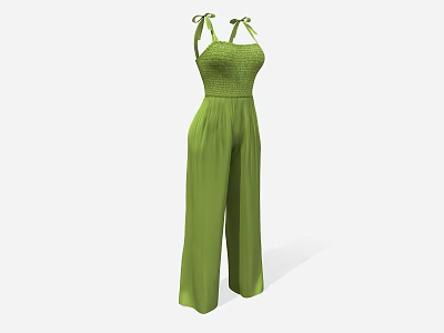 Stylish Green Jumpsuit With Bow Straps Smocked Waist And Wide Leg Design 3d model Stylish Green Jumpsuit With Bow Straps Smocked Waist And Wide Leg Design 3d model