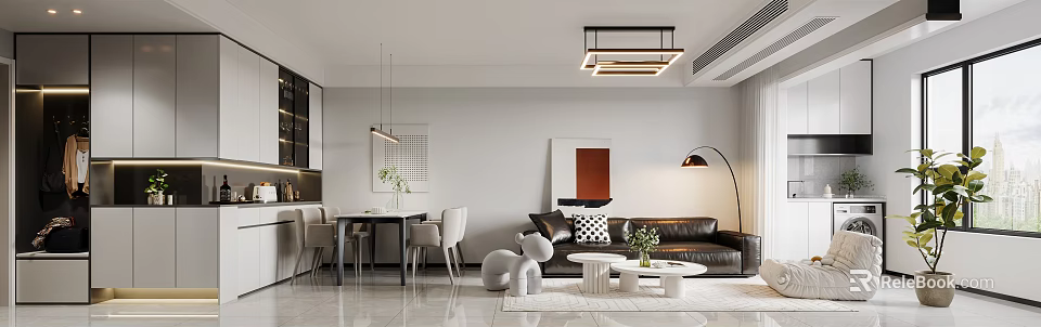 Modern Living and Dining Room Featuring Leather Sofa Dining Table Ceiling Lighting and Wall Artwork 3d model 