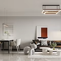 Modern Living and Dining Room Featuring Leather Sofa Dining Table Ceiling Lighting and Wall Artwork