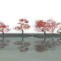 Several Red Leaf Arbor Trees On Wavy Platforms With Water Reflections Under Blue Sky