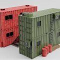 Industrial Equipment Container Based Storage Units With Green Red Structures And Wooden Pallets Crates
