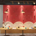 Cozy Bubble Tea Shop Interior With Red Blue Walls Wooden Tables And Bar Counter