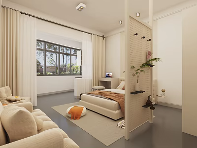 Modern Bedroom Interior Design With Beige Sofa White Partition Rug Window Laptop And Plant 3d model