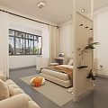 Modern Bedroom Interior Design With Beige Sofa White Partition Rug Window Laptop And Plant