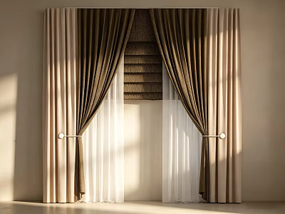 Brown And Beige Layered Curtains With Sheer Fabric And Sunlight Streaming 3d model