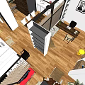 Public Office Area Featuring Brown Leather Sofa Black Coffee Table Floor Lamp And Wooden Floor