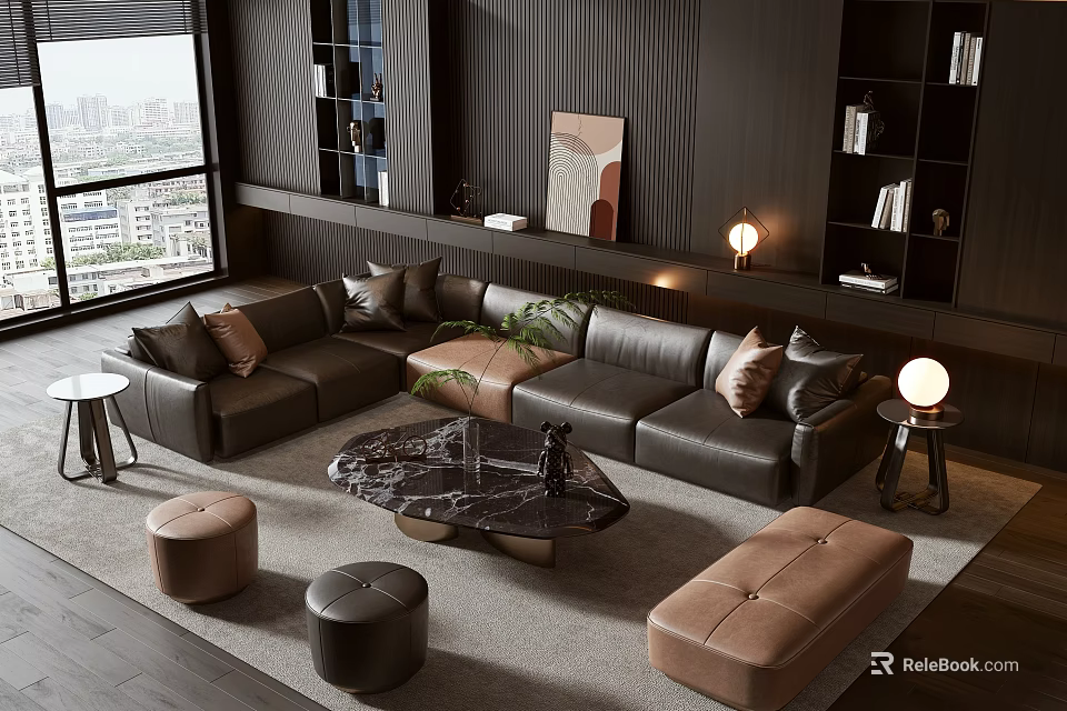 Modern Living Room Dark Leather Sofa Coffee Table Set With Marble Top And Decorative Stools 3d model 