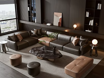 Modern Living Room Dark Leather Sofa Coffee Table Set With Marble Top And Decorative Stools 3d model