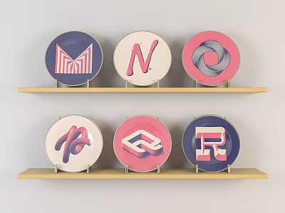 Colorful Circular Logos With Various Letters On Two Wooden Shelves 3d model