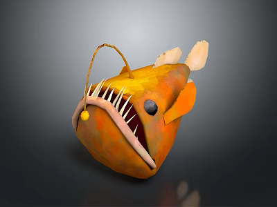 Vibrant Orange Yellow Anglerfish Aquatic Creature With Bioluminescent Lure Sharp Teeth And Black Eyes 3d model