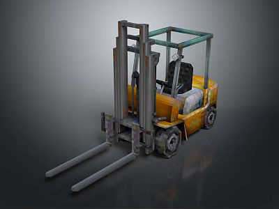 Yellow Industrial Forklift With Long Metal Forks And Driver Cabin 3d model