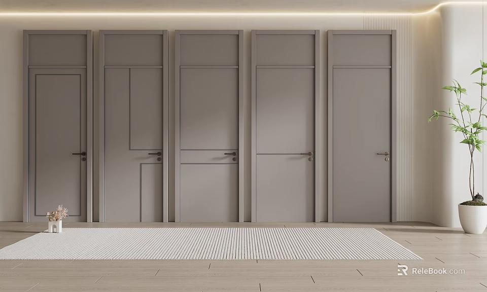 Modern Interior With Multiple Gray Hinged Doors And Wooden Floor Design 3d model