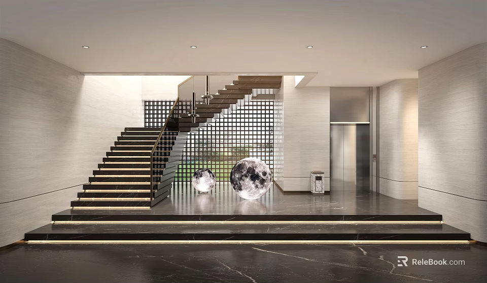Modern Hall Interior With Staircase Elevator And Moon Shaped Decorations 3d model