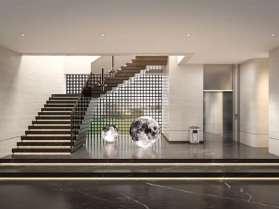 Modern Hall Interior With Staircase Elevator And Moon Shaped Decorations 3d model