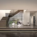 Modern Hall Interior With Staircase Elevator And Moon Shaped Decorations 3d model