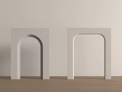 Two White Minimalist Arch Decorations Against Beige Wall With Wooden Floor 3d model