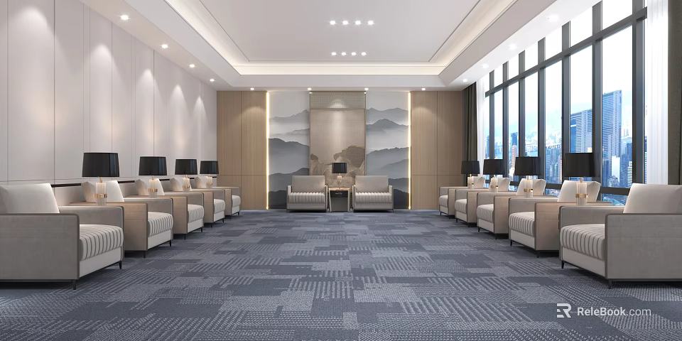 Hotel Public Lounge Area with Mountain Water Pattern Large Windows and Computer Seats 3d model 