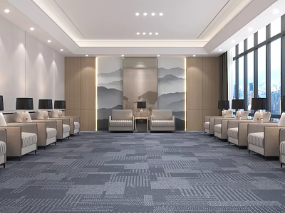 Hotel Public Lounge Area with Mountain Water Pattern Large Windows and Computer Seats 3d model