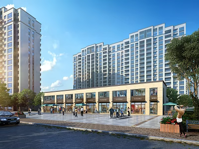 Vibrant Commercial Street With High Rise Buildings Pedestrians Green Trees Plaza Area And Parked Cars 3d model