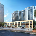 Vibrant Commercial Street With High Rise Buildings Pedestrians Green Trees Plaza Area And Parked Cars