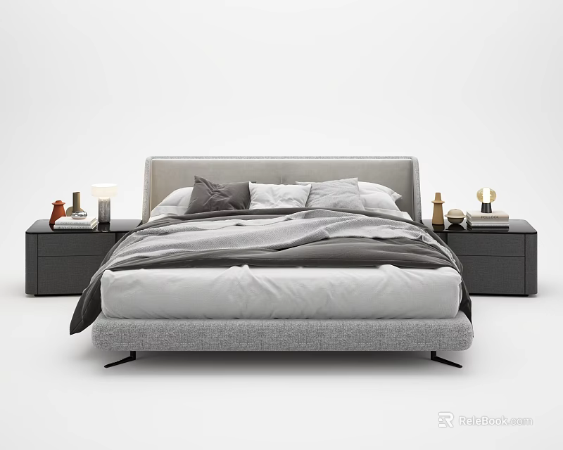 Modern Upholstered Double Bed with Bedspread Pillows Nightstands Lamp and Decor Items 3d model