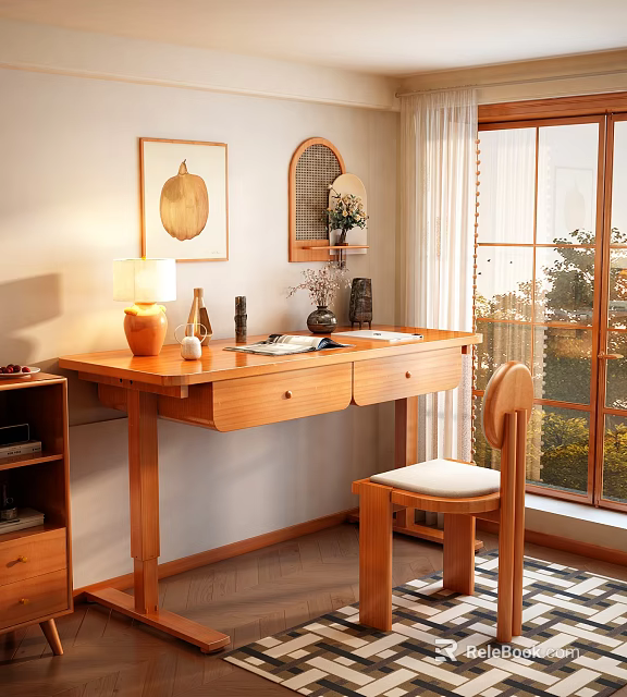 Cozy Home Study Room With Wooden Desk Chair Table Lamp And Decorations 3d model 
