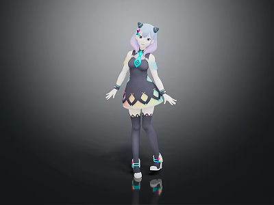 Purple Haired Anime Character With Cat Ear Creature Black Dress Blue Gem And Colorful Sneakers 3d model