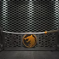 Crossed Swords with Golden Decorations on Black Geometric Wall Illuminated by Lights and Wooden Base
