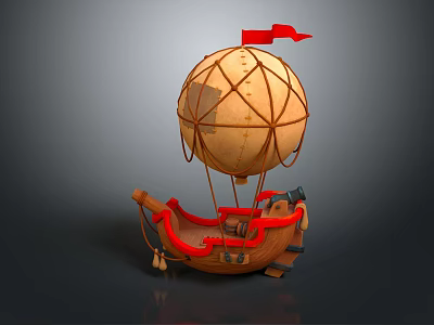 Vintage Steampunk Hot Air Balloon Model With Red Flag And Wooden Structure 3d model