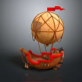 Vintage Steampunk Hot Air Balloon Model With Red Flag And Wooden Structure