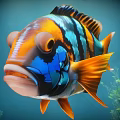 Colorful Tropical Fish With Vibrant Orange Blue Black Stripes Swimming Underwater With Green Aquatic Plants