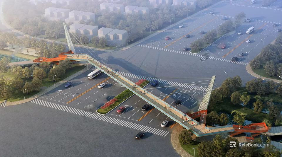 Modern Pedestrian Bridge Structure Spanning Urban Road With Vehicles Trees And Residential Buildings 3d model 