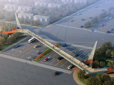 Modern Pedestrian Bridge Structure Spanning Urban Road With Vehicles Trees And Residential Buildings 3d model
