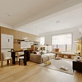 Bright Warm Minimalist Living And Dining Room With Large Windows And Cozy Soft Furnishings