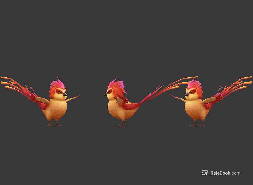Three Colorful Birds With Red Pink Head Orange Yellow Body And Long Tail Feathers Standing 3d model 