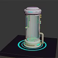 Futuristic Cylindrical Transparent Equipment with Blue Glowing Ring Base on Dark Platform