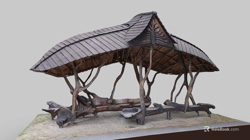 Natural Wooden Pavilion With Curved Tree like Pillars And Stone Bench Seats On Gravel Ground 3d model 