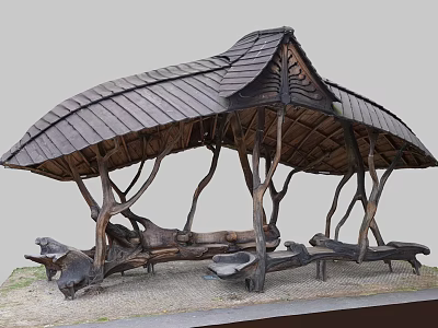 Natural Wooden Pavilion With Curved Tree like Pillars And Stone Bench Seats On Gravel Ground 3d model