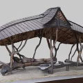 Natural Wooden Pavilion With Curved Tree like Pillars And Stone Bench Seats On Gravel Ground