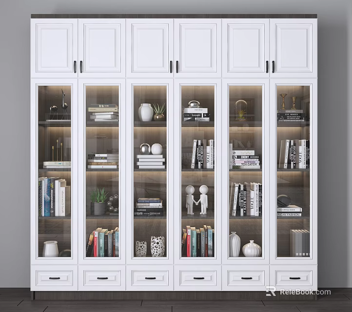 Modern White Bookcase With Glass Doors Storage Shelves Books Decorative Plants And Items 3d model 
