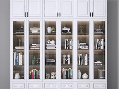 Modern White Bookcase With Glass Doors Storage Shelves Books Decorative Plants And Items 3d model