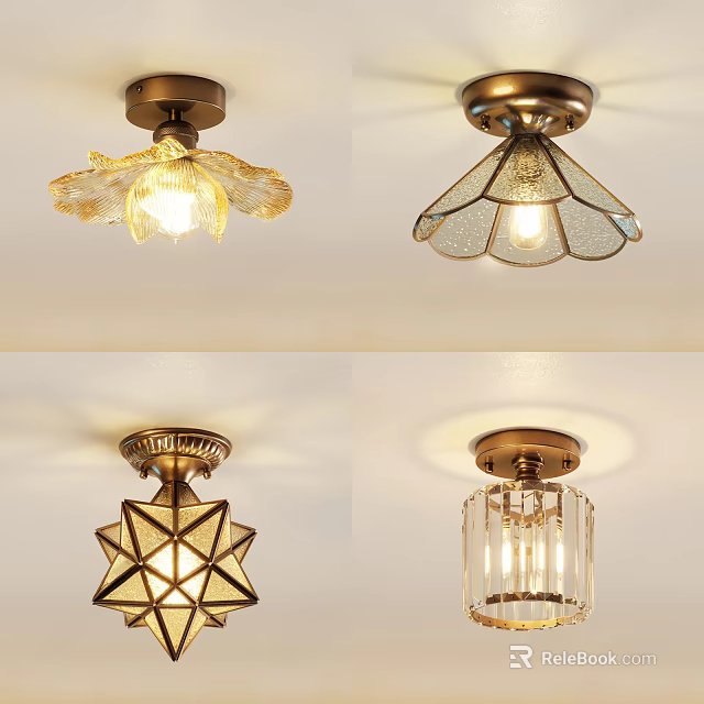 Glass Ceiling Lights With Various Designs Metal Base And Petal Fan Star Cylindrical Shades 3d model 